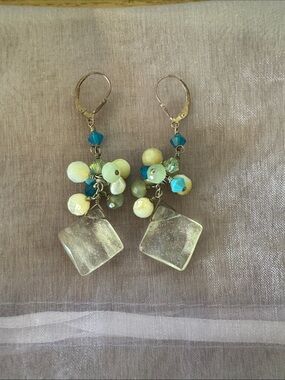 Cluster Drop Earrings with Teal and Cream Beads and Clear Square Accent